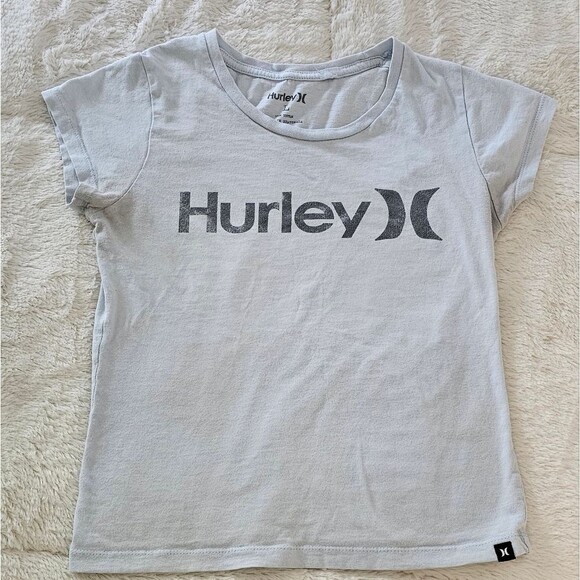 Hurley Gray Short Sleeve Cropped Tee Classic Logo, Jr. Large. Light Blue. - Picture 1 of 2